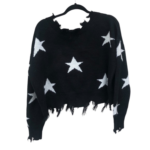 Zaful Black Star Distressed Cropped Fringed Sweater Medium - Picture 4 of 5